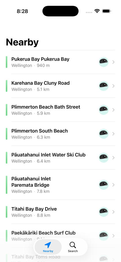 iPhone showing nearby swim sites